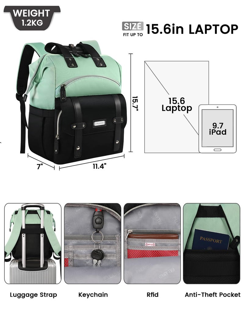 FALANKO Laptop Backpack for Women College Work Teacher backpack for 15.6 Inch laptop with USB Charging Port Travel Anti Theft Laptops Backpack RFID Anti Theft  Shoulder Purse Bags Green Black - Image 4